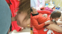幸福的大爺人老心不老出租房與人玩3P啊，小嫂子一下等待候兩人，給床上大爺口交後面被人操，上位大爺射精了